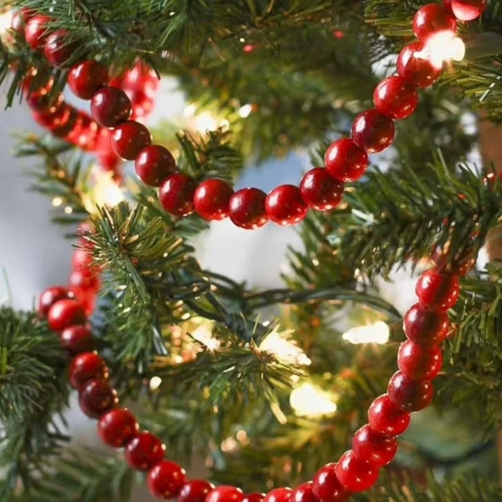 9' Cranberry Red Wooden Bead Garland On Jute String | EUC | 4 Strands
